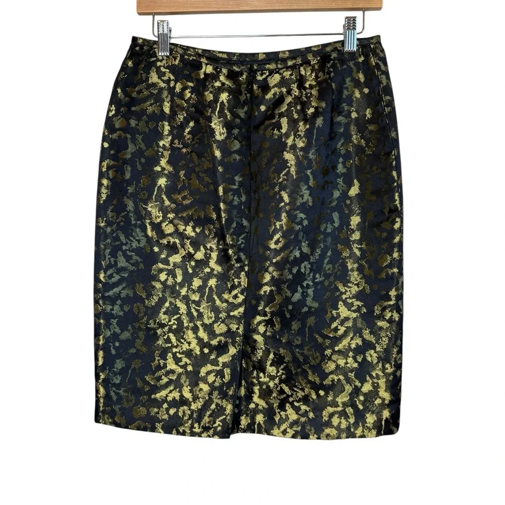 Vtg Kasper Black Gold Knee Length Jacquard Pencil Skirt Size 4P Glam Event Siren